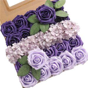 Purple Artificial Flowers Box Set Gradient Color Foam Silk Fake Flowers w/ Stems